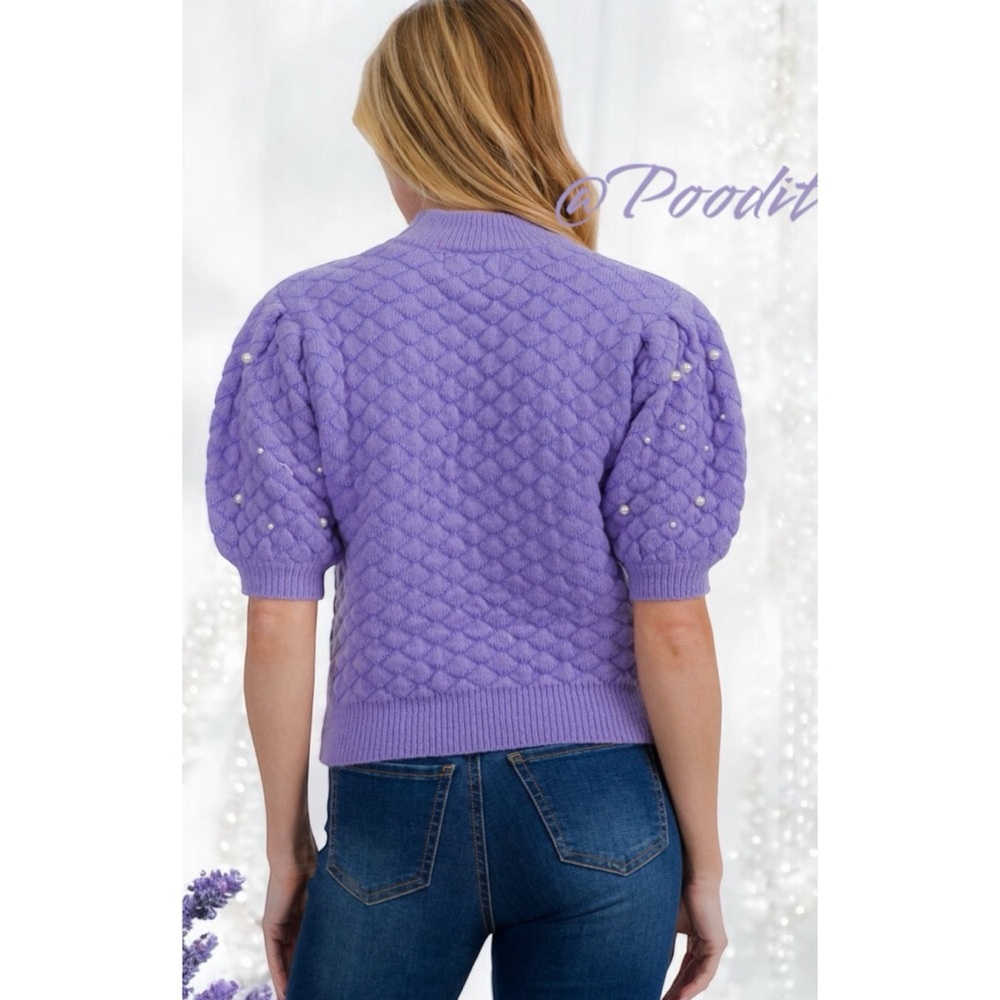PEACH LOVE CALIFORNIA Puff sleeve pearl knit top Sz S M L - Picture 4 of 9
